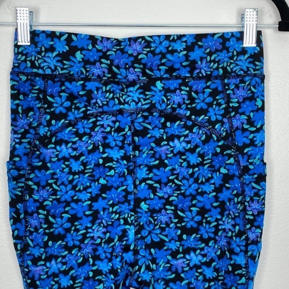 Pop Fit Leggings NWOT Womens Med Blue Black Floral Side Pockets Super Stretchy - Picture 3 of 9